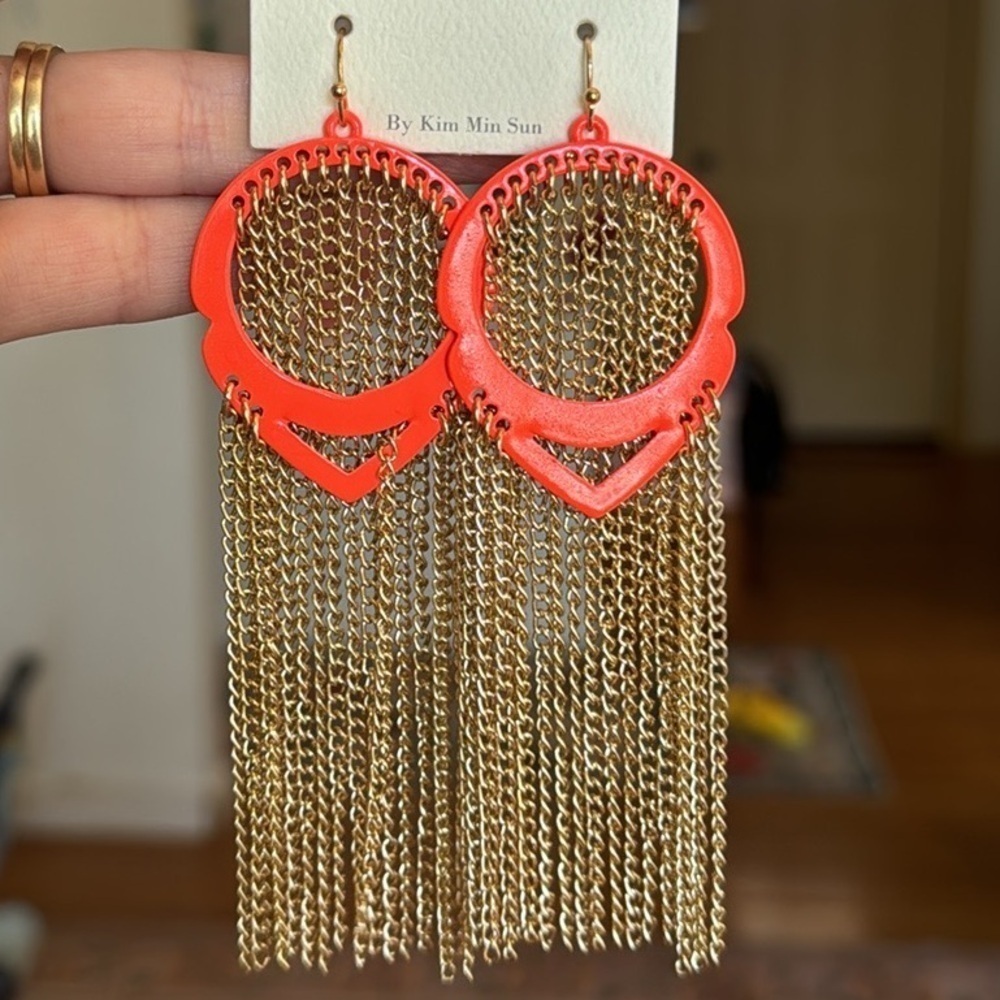 Mia Collection Neon Orange Gold Chain Tassel Dangle Costume Earrings
